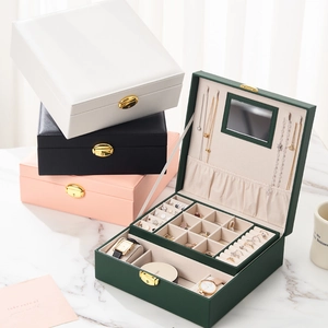 Three-layer vintage jewelry box with mirror, necklace hooks, and soft velvet lining interior