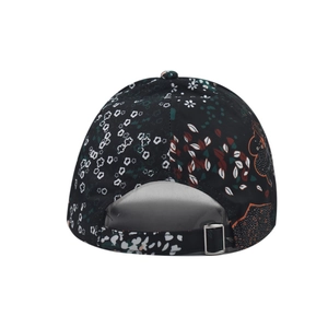 Adjustable black baseball cap with tie-dye floral print and silver metal back buckle