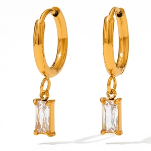 Close-up of gold-plated hoop earrings featuring a rectangle cut clear zircon pendant