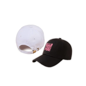 Detail of adjustable metal buckle and embroidered slogan on a structured cotton baseball cap