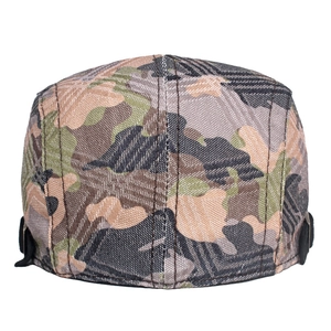 Close-up of camouflage flat cap back view featuring durable canvas and adjustable strap