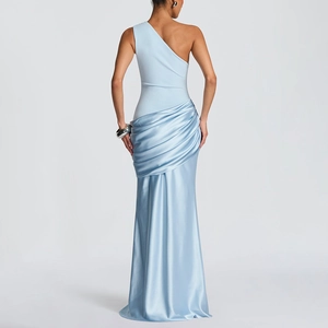 Close-up of elegant light blue satin dress featuring ruched waist details and back view