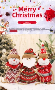 Three knitted Christmas drawstring gift bags featuring Santa, snowman, and reindeer figures