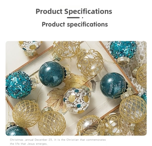 Detailed view of dark green, gold openwork, and sequin-filled Christmas ball ornaments