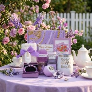 Detailed luxury lavender spa gift set with scented candle and handmade soap in a garden