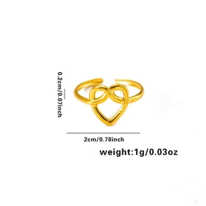 Vue détaillée de la bague cœur infini dorée avec mesures précises de taille et de poids