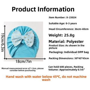 Infant turban hat sizing guide with dimensions 18x19cm for 0-3 years old babies