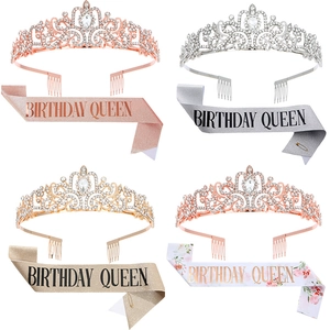 Detail view of birthday queen crown and sash sets in gold, rose gold and silver variants