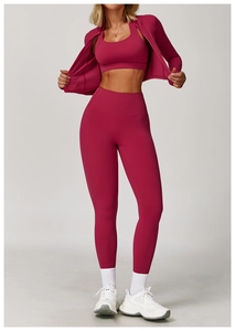 Three-piece yoga set with sports bra high-waist leggings and zip-up jacket in berry red