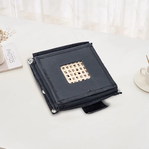 Black foldable fabric tissue box holder with woven mesh window and metal eyelets