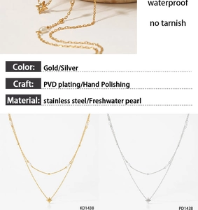 Detail view of multi-layer stainless steel and freshwater pearl necklace specifications