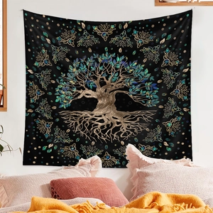 Detail of Tree of Life tapestry with Celtic knots in a warm bedroom setting background