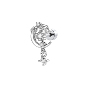 Elegant silver star and moon earrings with sparkling cubic zirconia on white background