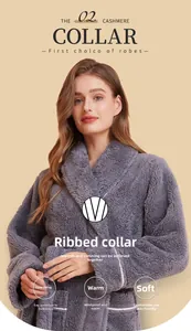 Detail of grey plush bathrobe featuring a shawl collar with white piped edges and soft fabric