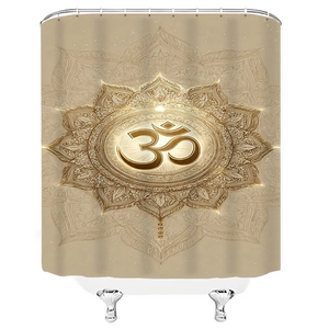 Detail of waterproof mandala shower curtain featuring a golden Om symbol in a Zen style