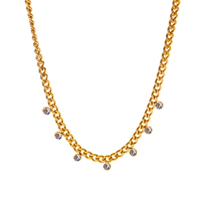 18K gold plated Cuban link chain necklace with round sparkling zircon pendant for women
