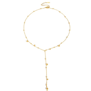 Elegant gold-tone Y-shaped lariat necklace with polished beads and dainty chain