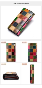 Vues détaillées du portefeuille en cuir patchwork multicolore avec logo métallique
