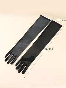 Detail view of 55cm long black sheer mesh gloves showing dimensions and breathable fabric