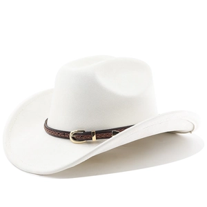 Close-up of white suede fedora with brown woven band and gold metal buckle detail
