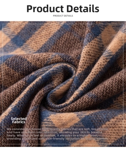 Close-up of soft blue and brown plaid imitation cashmere scarf with woven texture