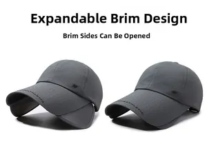Detail of dark grey sun hat featuring expandable side brims and breathable mesh fabric