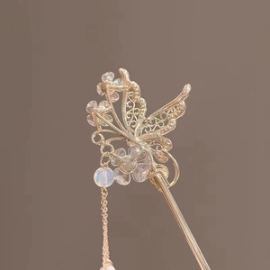 Golden butterfly hair pin with pearl tassels and transparent flower for Hanfu styling