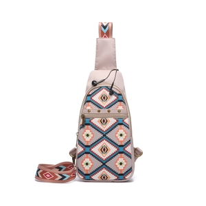 Detail of Aztec bohemian crossbody bag with colorful geometric prints and wide strap