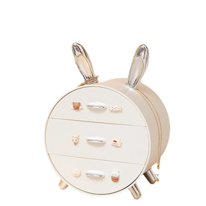 Three-layer bunny ear jewelry storage box in cream white with cute cartoon relief