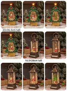 Detail view of musical Christmas lanterns with swirling glitter snow and Santa scenes