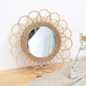 Bohemian style rattan flower mirror with handmade petal frame for wall decoration