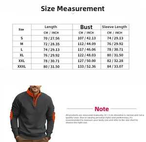 Tableau des tailles pour sweat homme incluant longueur, buste et manches en CM et POUCES