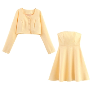 Completo Elegante In Tweed Con Giacca Corta A Maniche Lunghe E Abito A Linea Senza Spalline Vintage Giallo Chiaro Donna