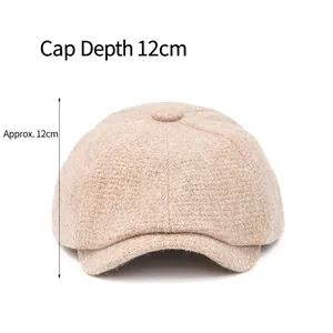 Winter beige tweed newsboy cap with 12cm deep crown design for a comfortable snug fit