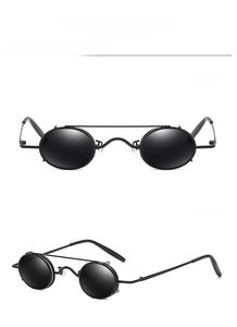 Detail view showing black retro round metal sunglasses from front and side angles