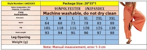Detailed size chart for colorful striped wide-leg pants with lifestyle model photo