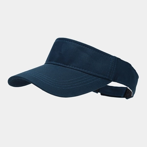 Detail of dark blue sun visor showing durable twill cotton fabric and curved brim