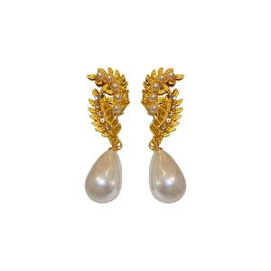 Vintage style gold wheat leaf pearl drop earrings with sparkling rhinestones and s925 silver pins