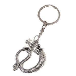 Vintage silver dragon keychain with intricate metal carving on a clean white background