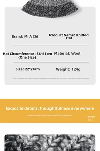 Detailed size chart for wool knit beanie with 56-61cm circumference and fabric texture