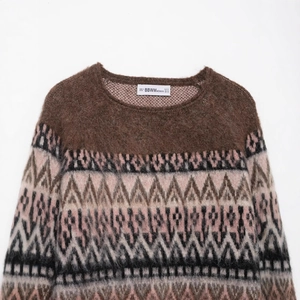 Retro jacquard knit sweater with colorful floral patterns and plush wool-like texture