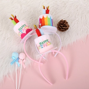 Detailed embroidery of Happy Birthday text on colorful cake-shaped headbands