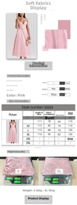 Detailed size chart and material specs for the pink V-neck strap dress in 95% polyester