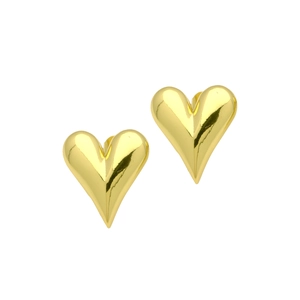 Close-up of heart-shaped gold stud earrings with polished metallic surface finish