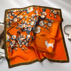 Square Scarf Printed Satin Like Polyester Peach Blossom Flower Cat Pattern Elegant Head Scarf For Women