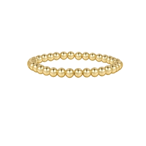 Detail shot of minimalist 14k gold hematite beaded ring with polished metallic finish