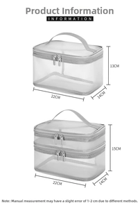 Detailed size chart for black double-layer mesh makeup bag with precise measurements