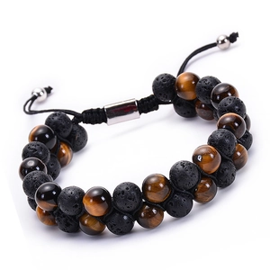 Handmade double-row tiger eye and lava stone braided bracelet with adjustable cord