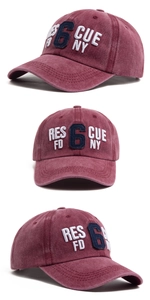 Three-angle views of burgundy washed cotton baseball cap with 3D embroidery detail