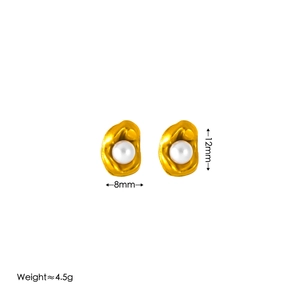 Detailed view of gold irregular pea pearl earrings with 8mm by 12mm dimensions